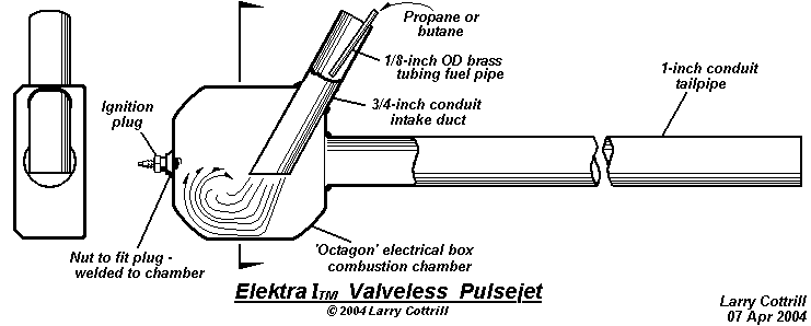 Elektra I(TM) pulsejet engine - original drawing as disclosed on Kenneth Moller's Valveless Pulsejet Forum - Copyright 2004 Larry Cottrill
