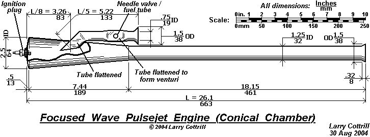 Scale drawing for 'Short Lady' Focused Wave Valveless Pulsejet engine (c) 2004 Larry Cottrill