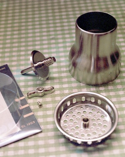 Finished diffuser shell behind sink strainer 'draggy flameholder' (c) 2003 Larry Cottrill