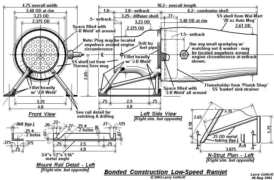 Scale drawing for 'Maggie Muggs', an experimental low-speed ramjet engine (c) 2003 Larry Cottrill