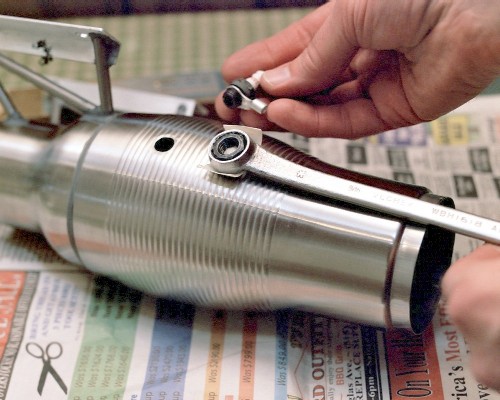 The spark plug, ready for mounting permanently in the combustor shell (c) 2003 Larry Cottrill