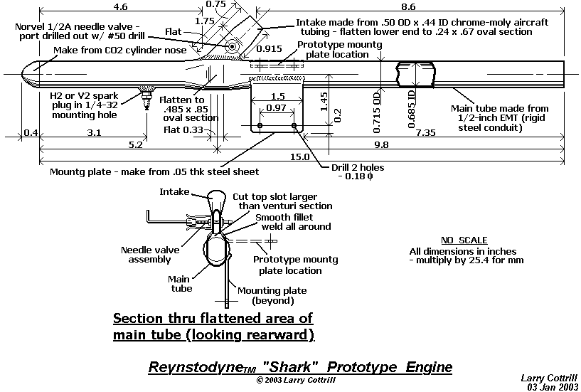 Basic design & dimensions drawing of Reynstodyne 'Shark' engine (c) 2003 Larry Cottrill