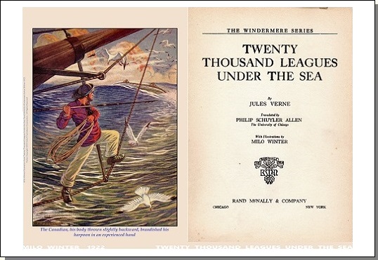 Diptych poster: Ned Land under bowsprit of the Abraham Lincoln (with facing title page)